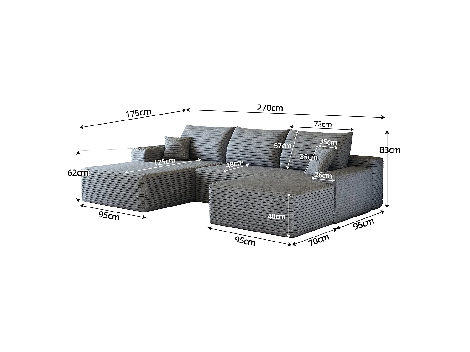 Canapé modulable 3 places 270 cm avec méridienne à gauche et pouf - Gris