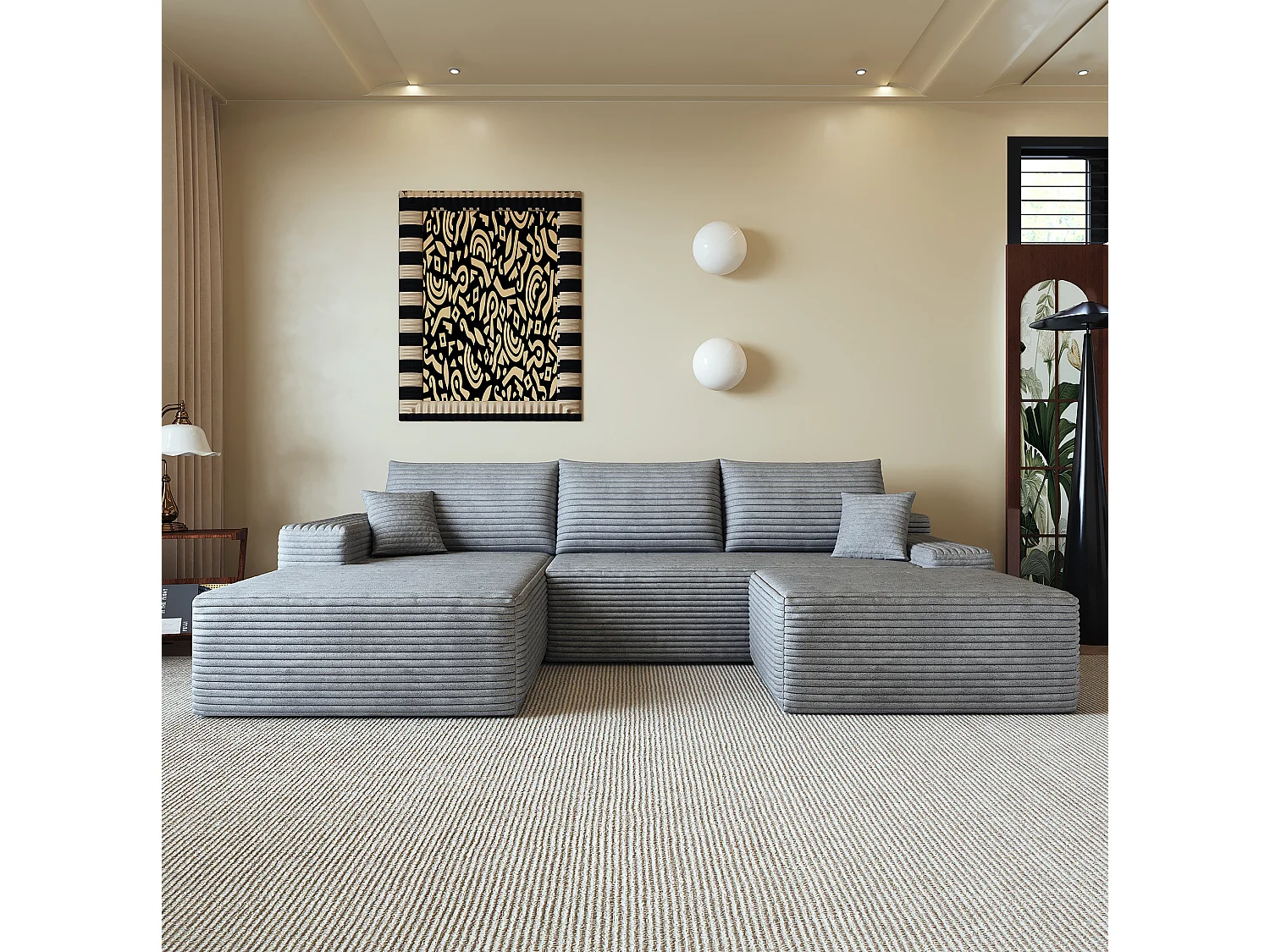 Canapé modulable 3 places 270 cm avec méridienne à gauche et pouf - Gris