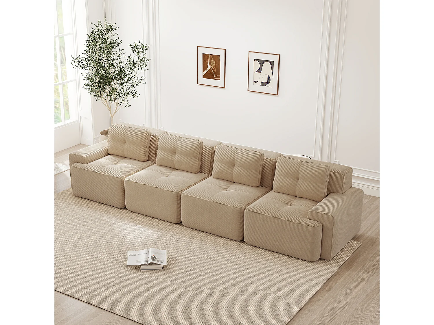 Canapé modulable 4 places 382 cm en velours côtelé - Beige - Sans montage