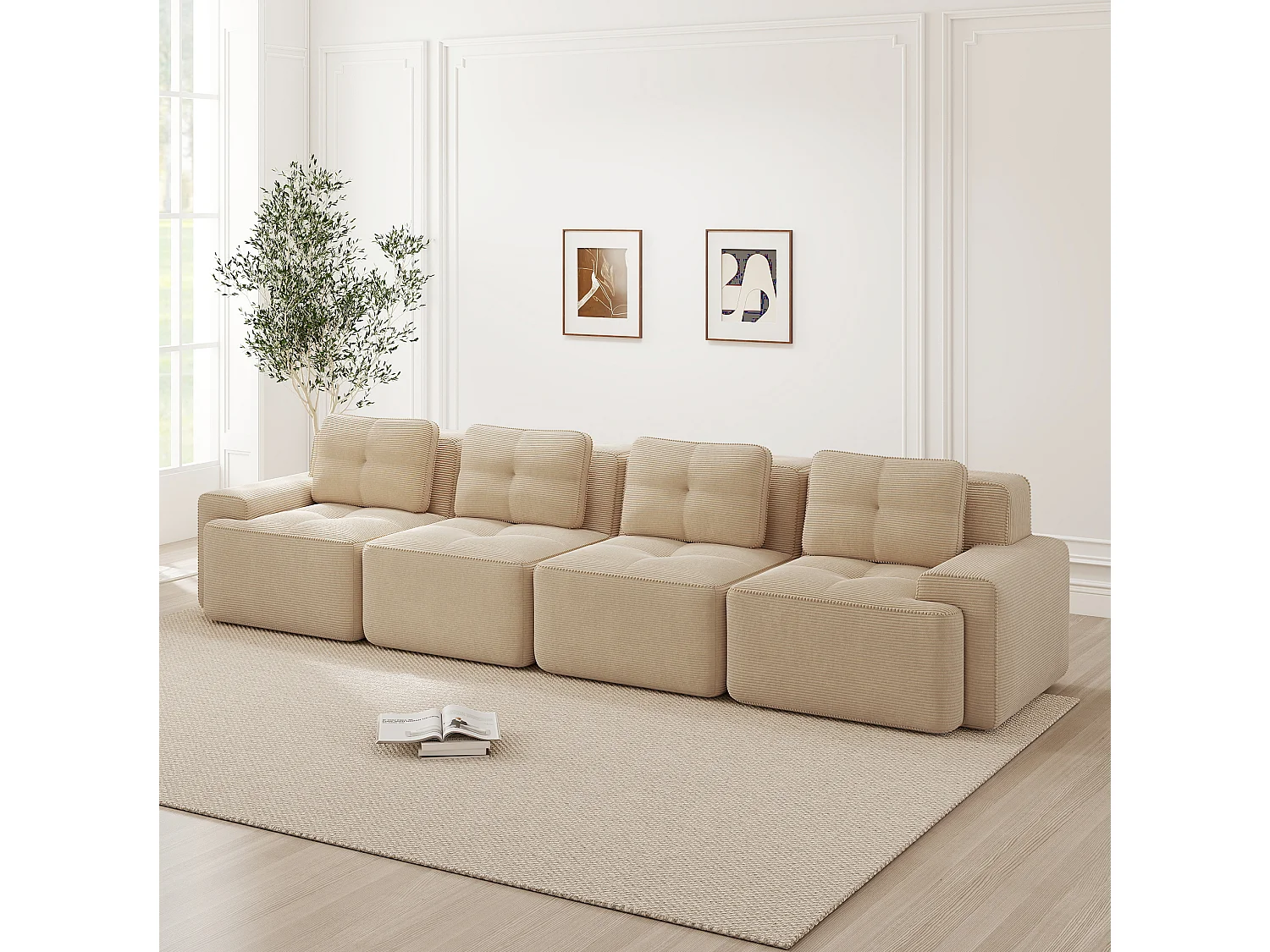 Canapé modulable 4 places 382 cm en velours côtelé - Beige - Sans montage