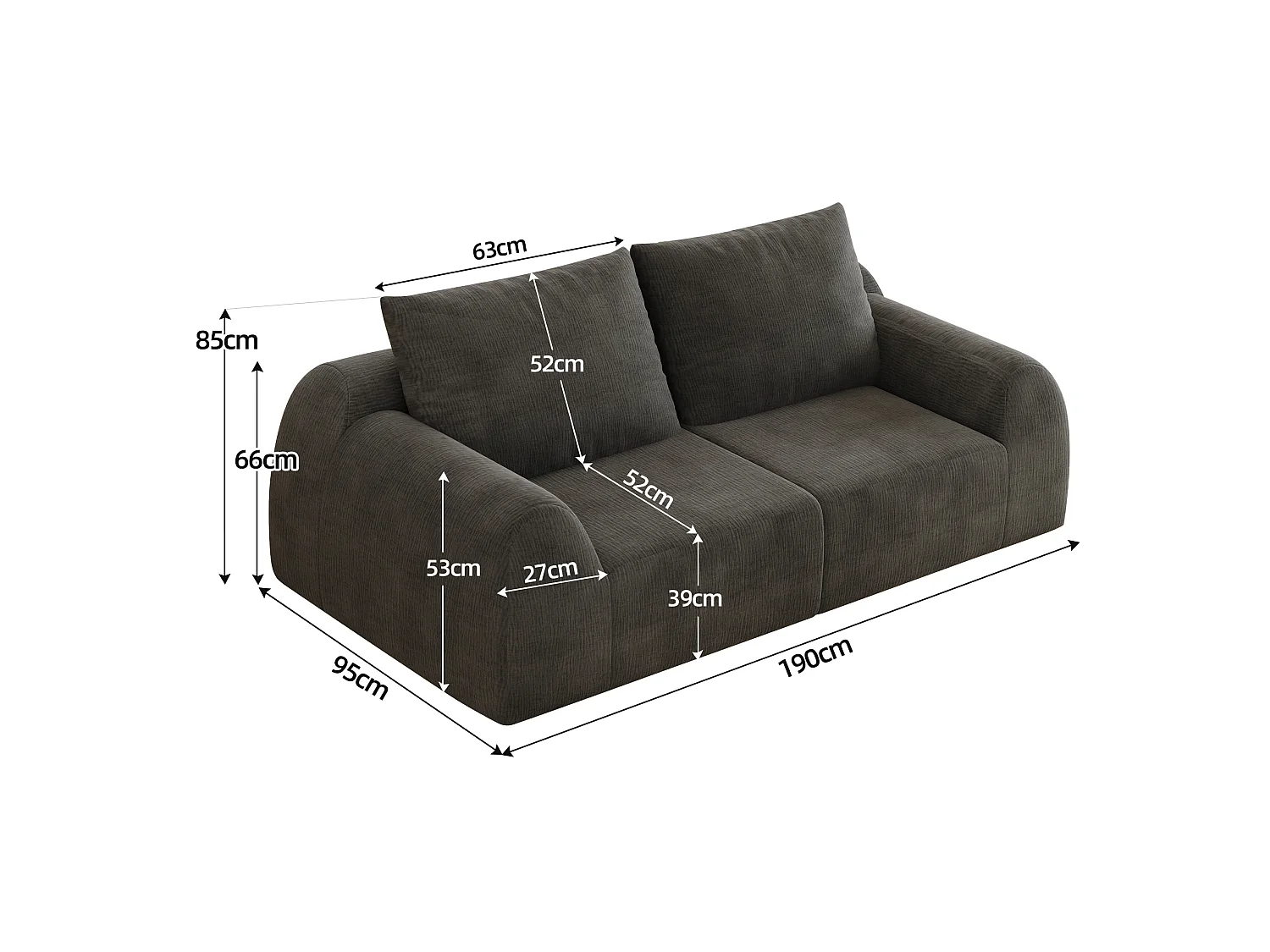 Canapé modulable 2 places en chenille - Sans montage - Gris foncé