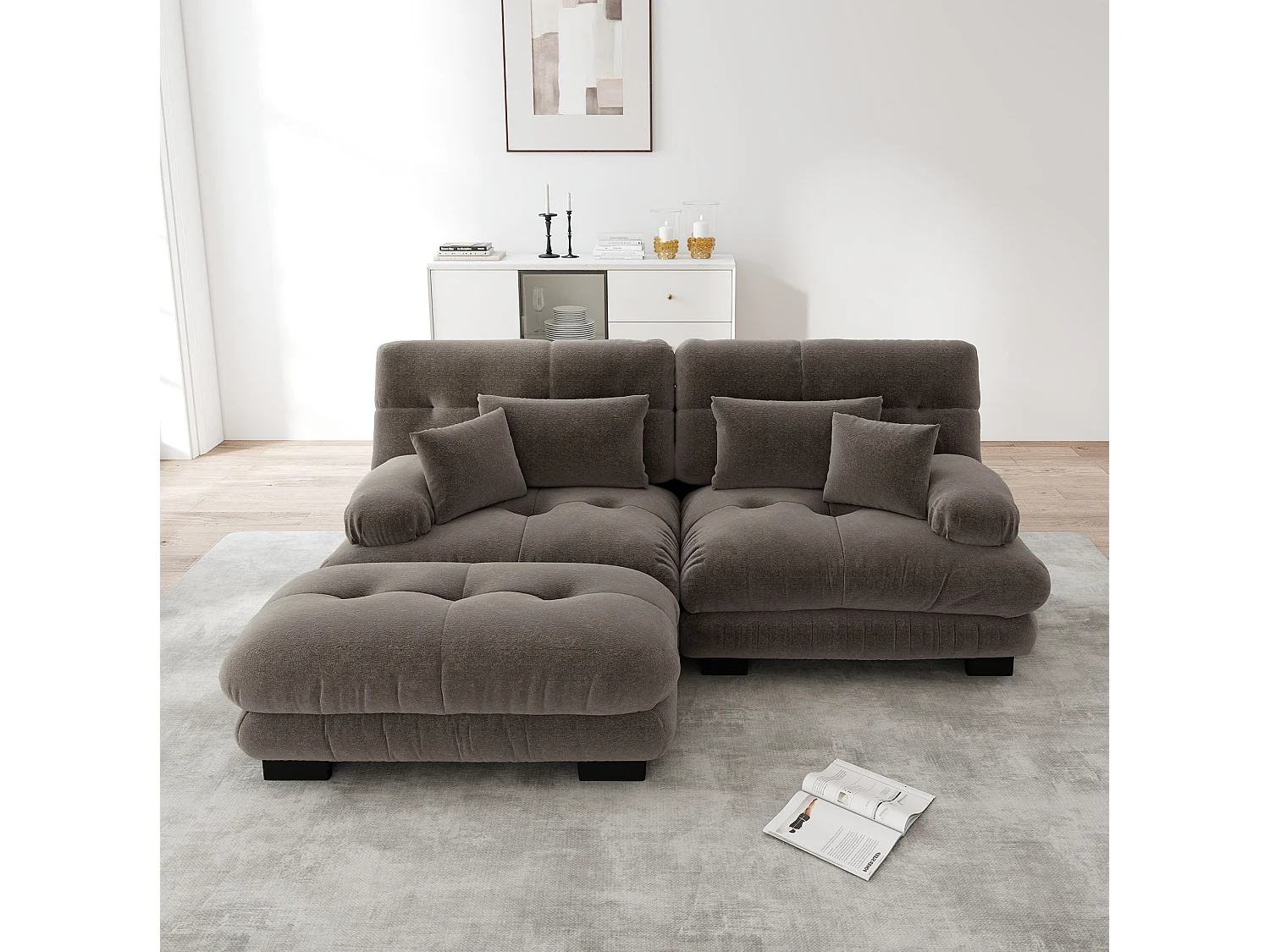 Sofá modular de 2 plazas de chenilla con reposabrazos y otomana - Marrón