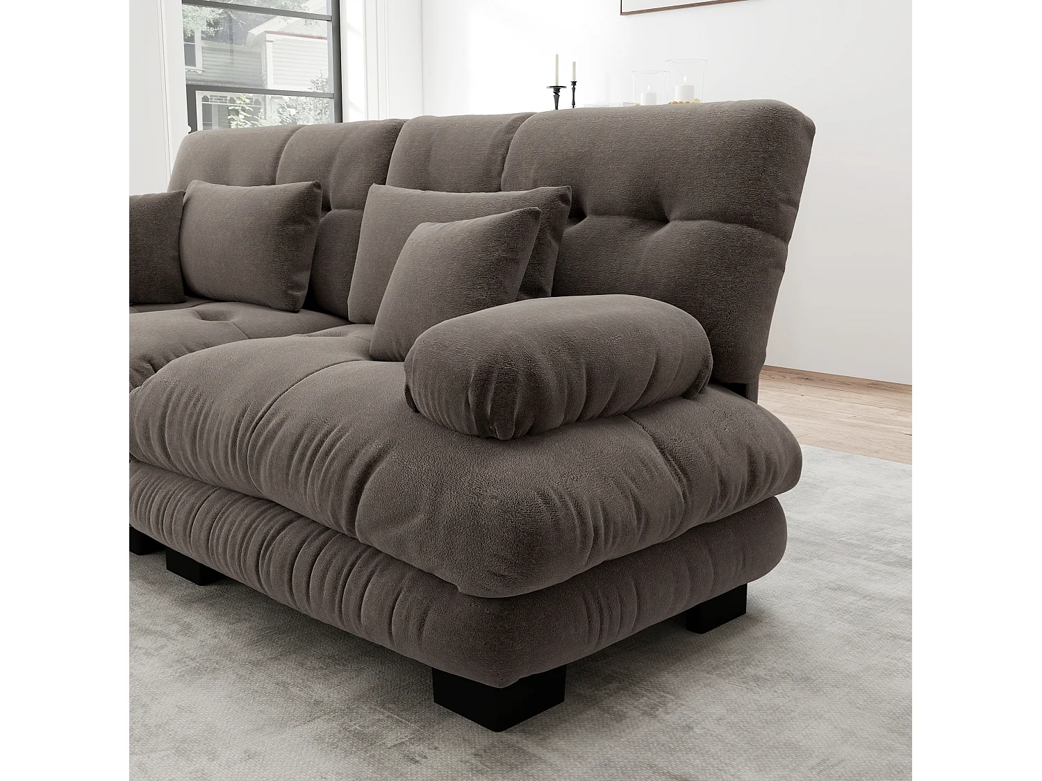 Sofá modular de 2 plazas de chenilla con reposabrazos y otomana - Marrón