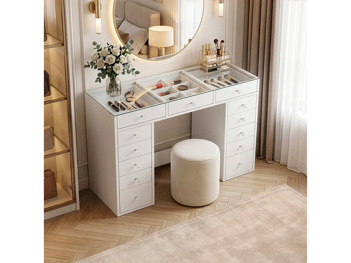 Coiffeuse 13 tiroirs avec vitrine décor blanc L120 cm - ZÉLIA