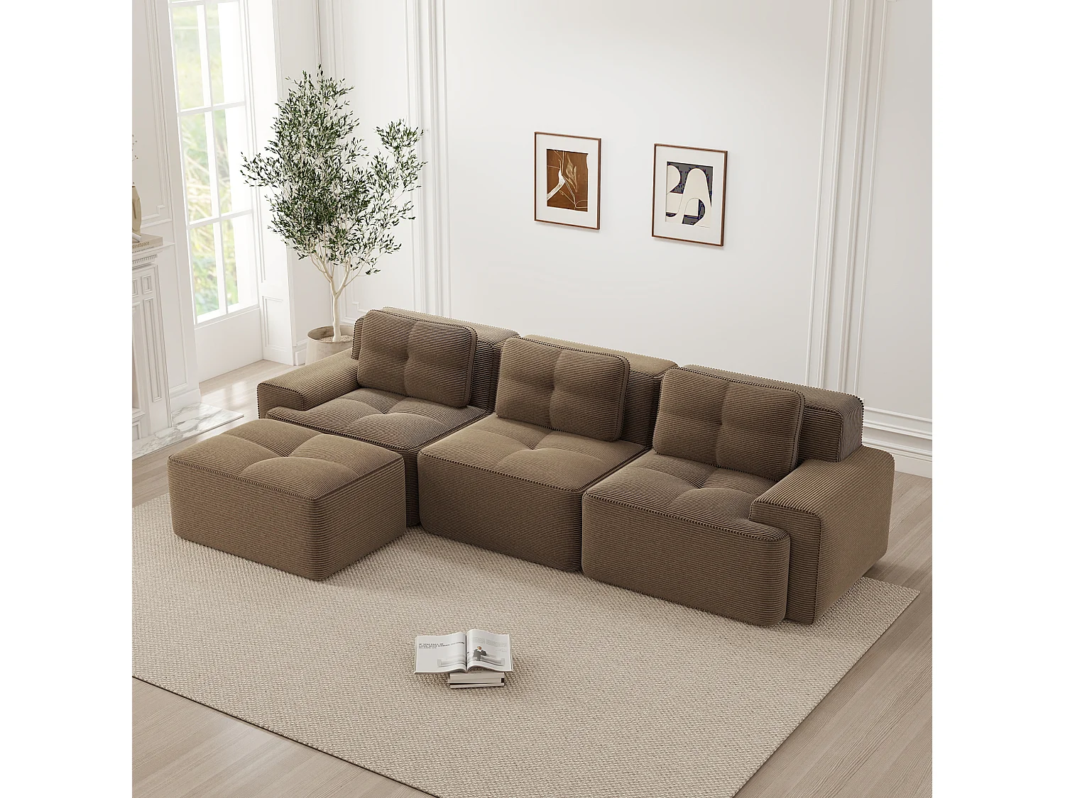 Canapé modulable 3 places avec pouf et 3 coussins - Marron