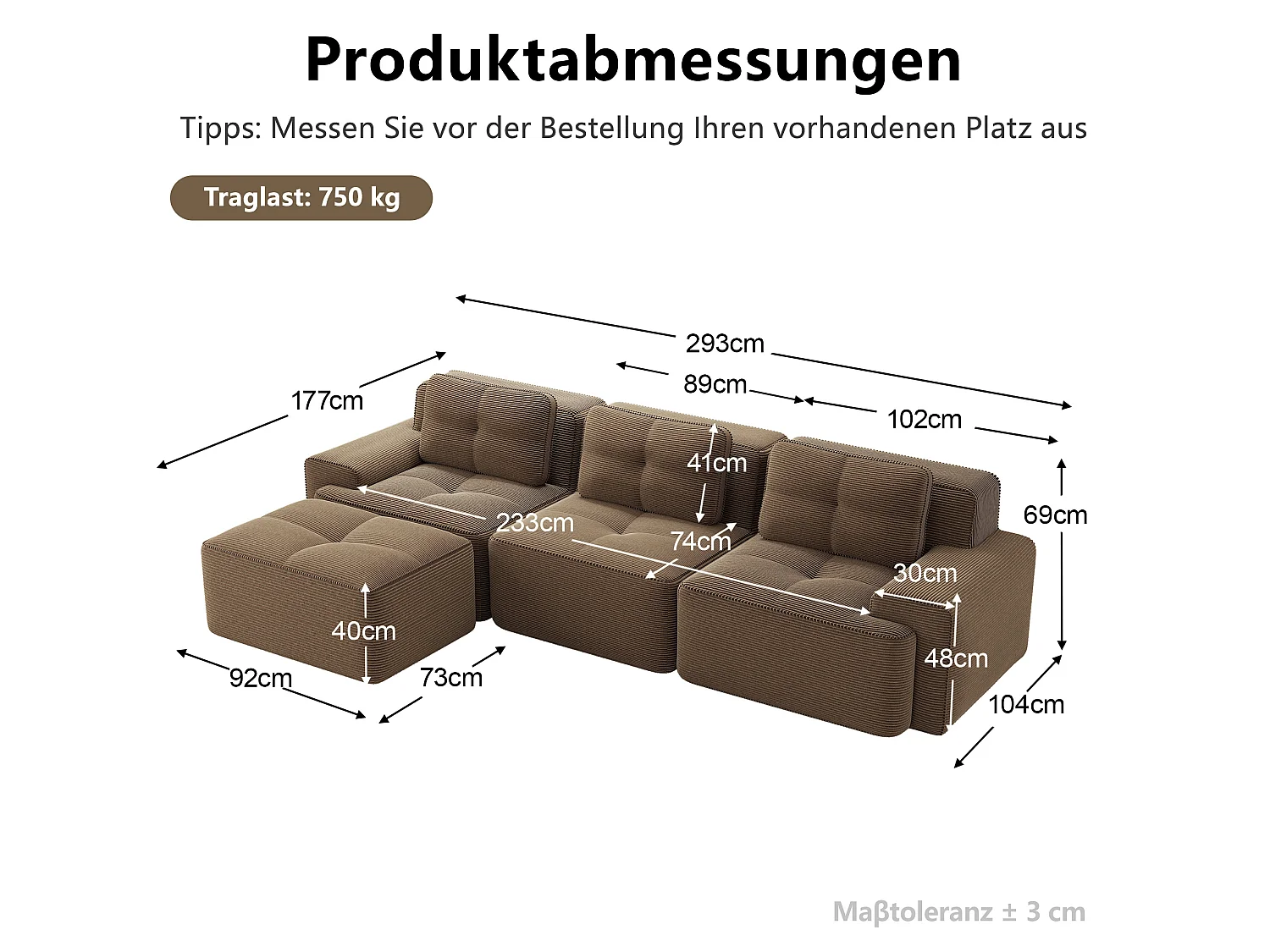 Canapé modulable 3 places avec pouf et 3 coussins - Marron