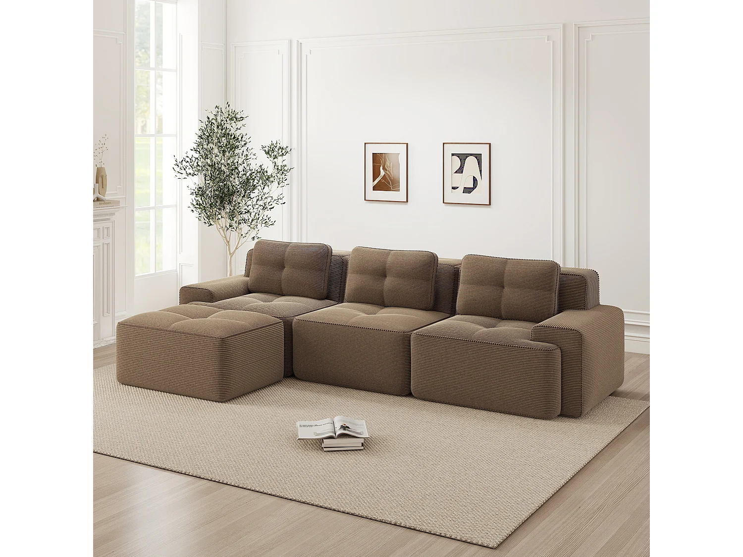 Canapé modulable 3 places avec pouf et 3 coussins - Marron
