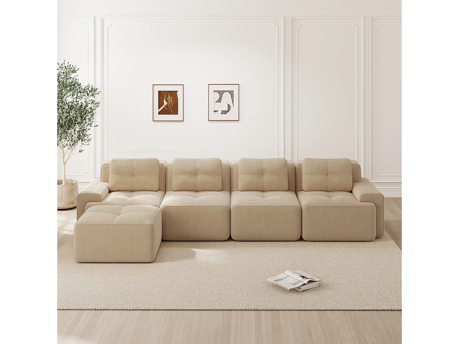 Sofá modular de 4 plazas, 382 cm, de pana con otomana - Beige