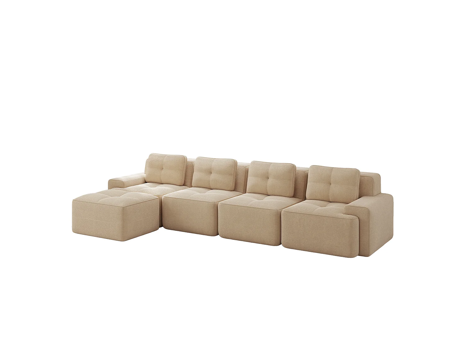 Sofá modular de 4 plazas, 382 cm, de pana con otomana - Beige