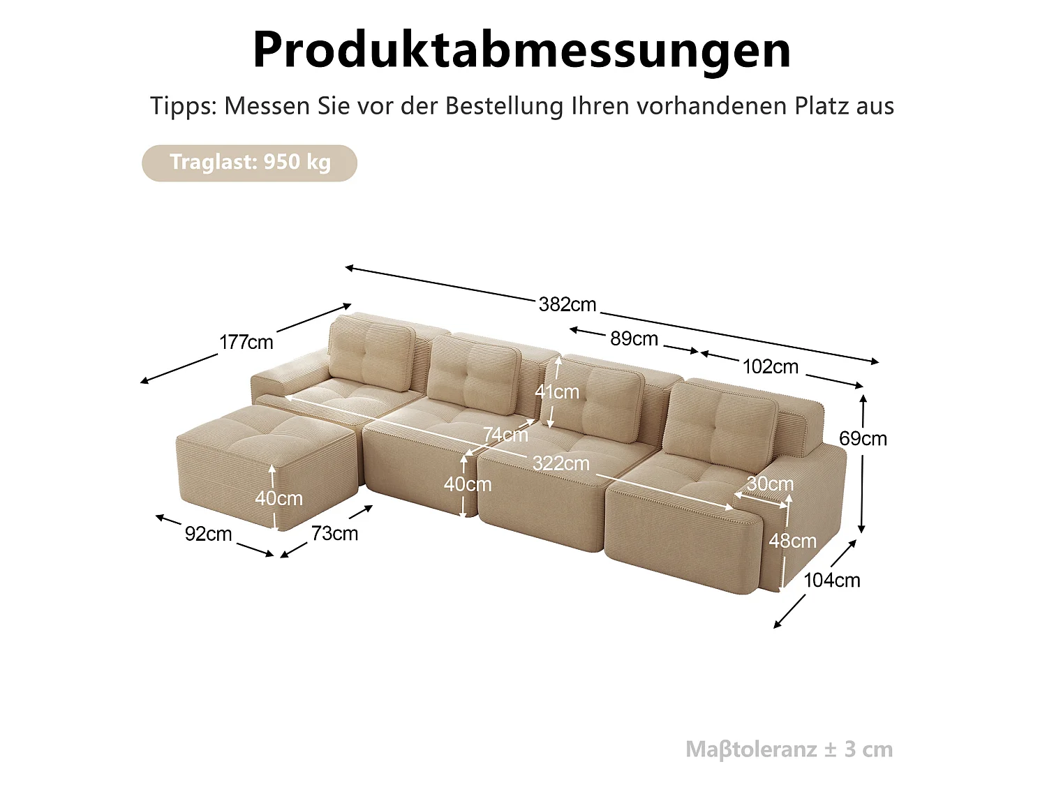 Sofá modular de 4 plazas, 382 cm, de pana con otomana - Beige