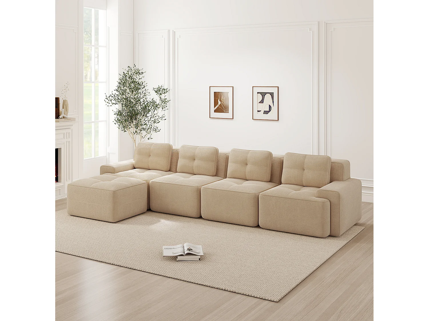 Sofá modular de 4 plazas, 382 cm, de pana con otomana - Beige