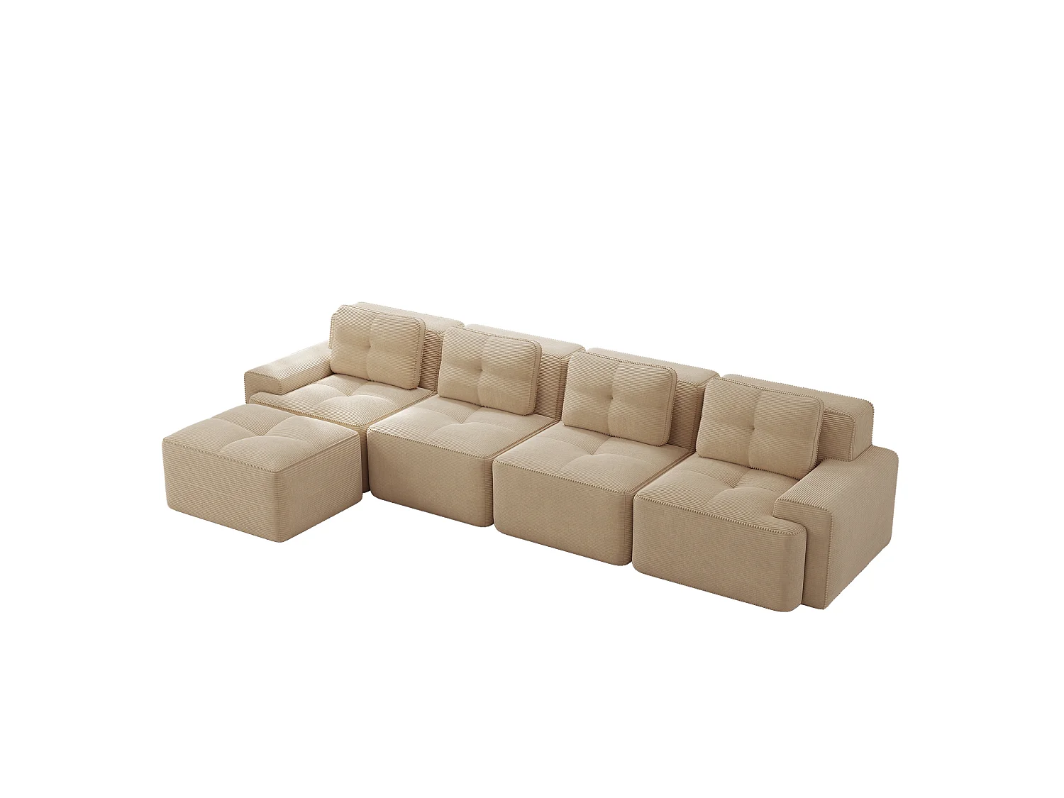 Sofá modular de 4 plazas, 382 cm, de pana con otomana - Beige