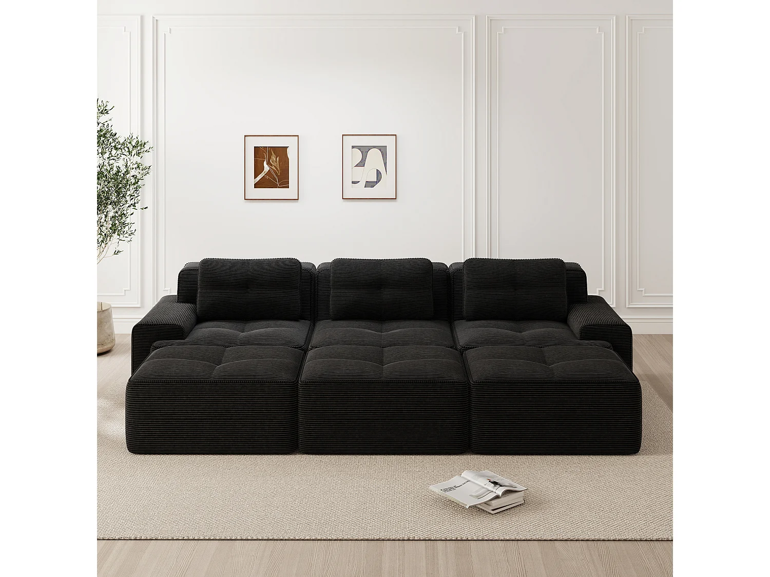 Canapé modulable 3 places avec 3 poufs et 3 coussins - Velours côtelé - Noir