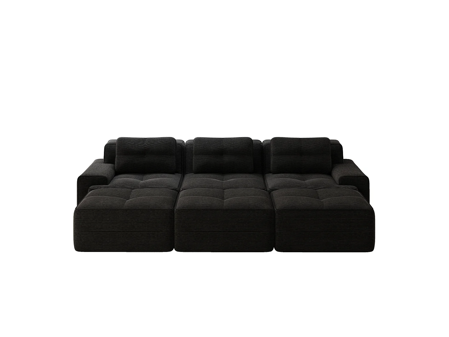Canapé modulable 3 places avec 3 poufs et 3 coussins - Velours côtelé - Noir