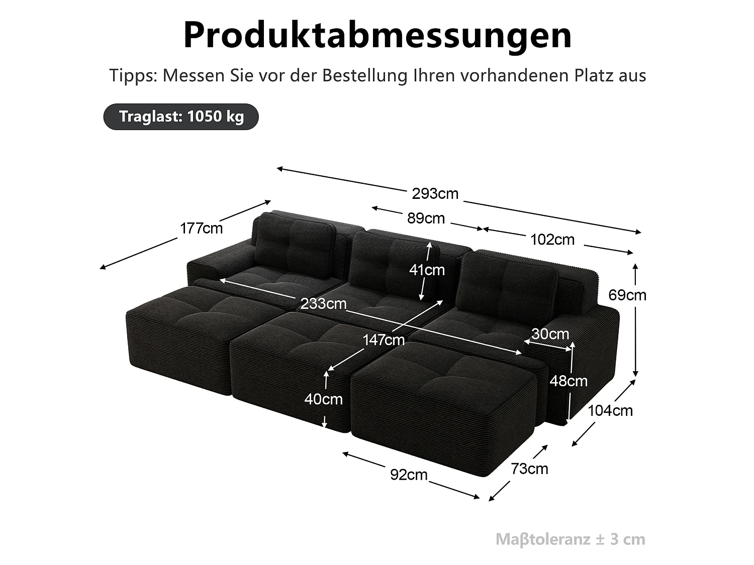 Canapé modulable 3 places avec 3 poufs et 3 coussins - Velours côtelé - Noir