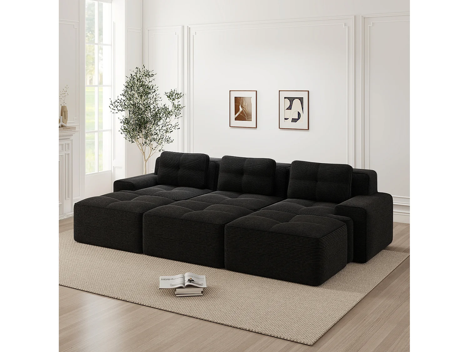 Canapé modulable 3 places avec 3 poufs et 3 coussins - Velours côtelé - Noir