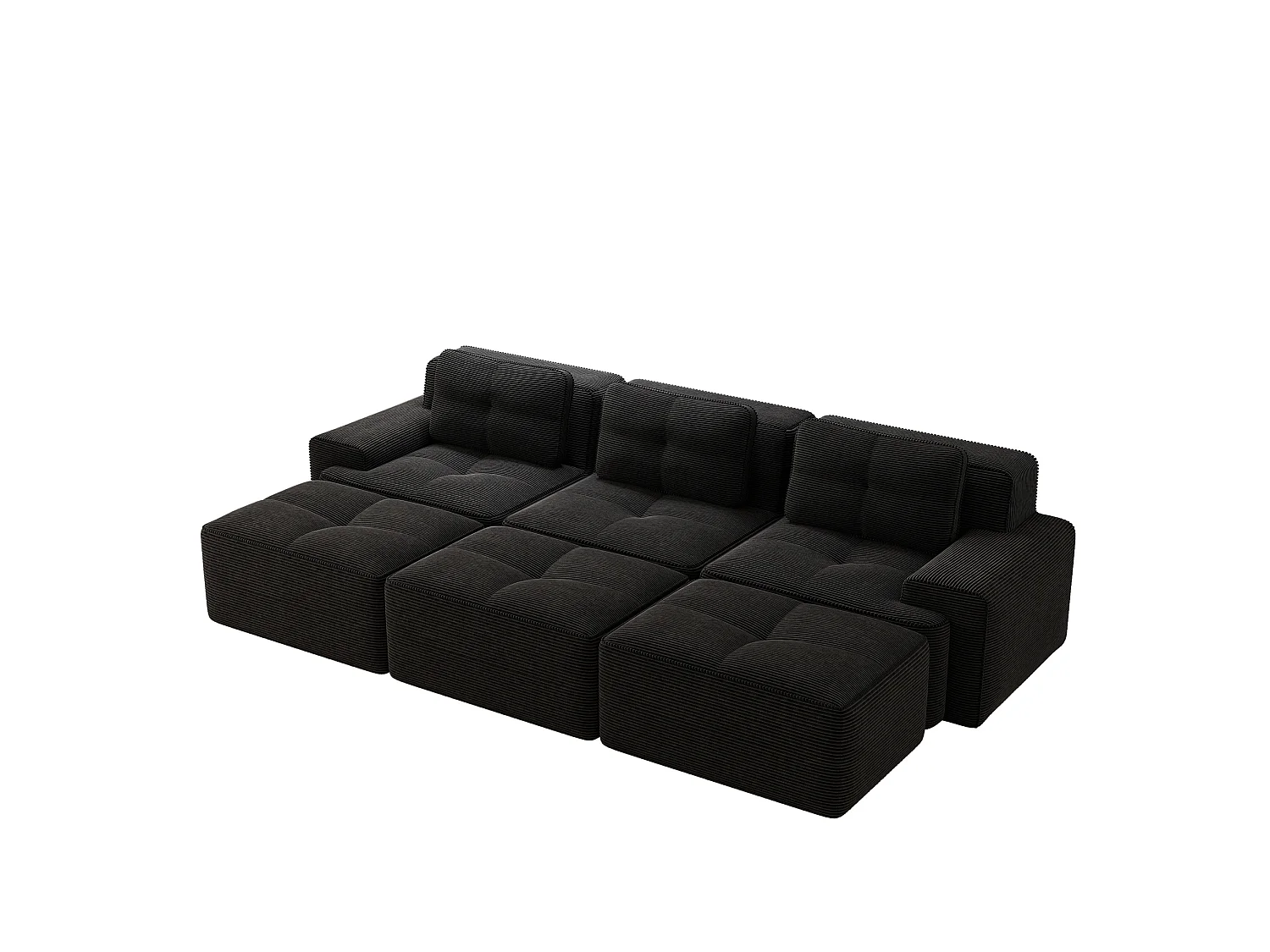 Canapé modulable 3 places avec 3 poufs et 3 coussins - Velours côtelé - Noir