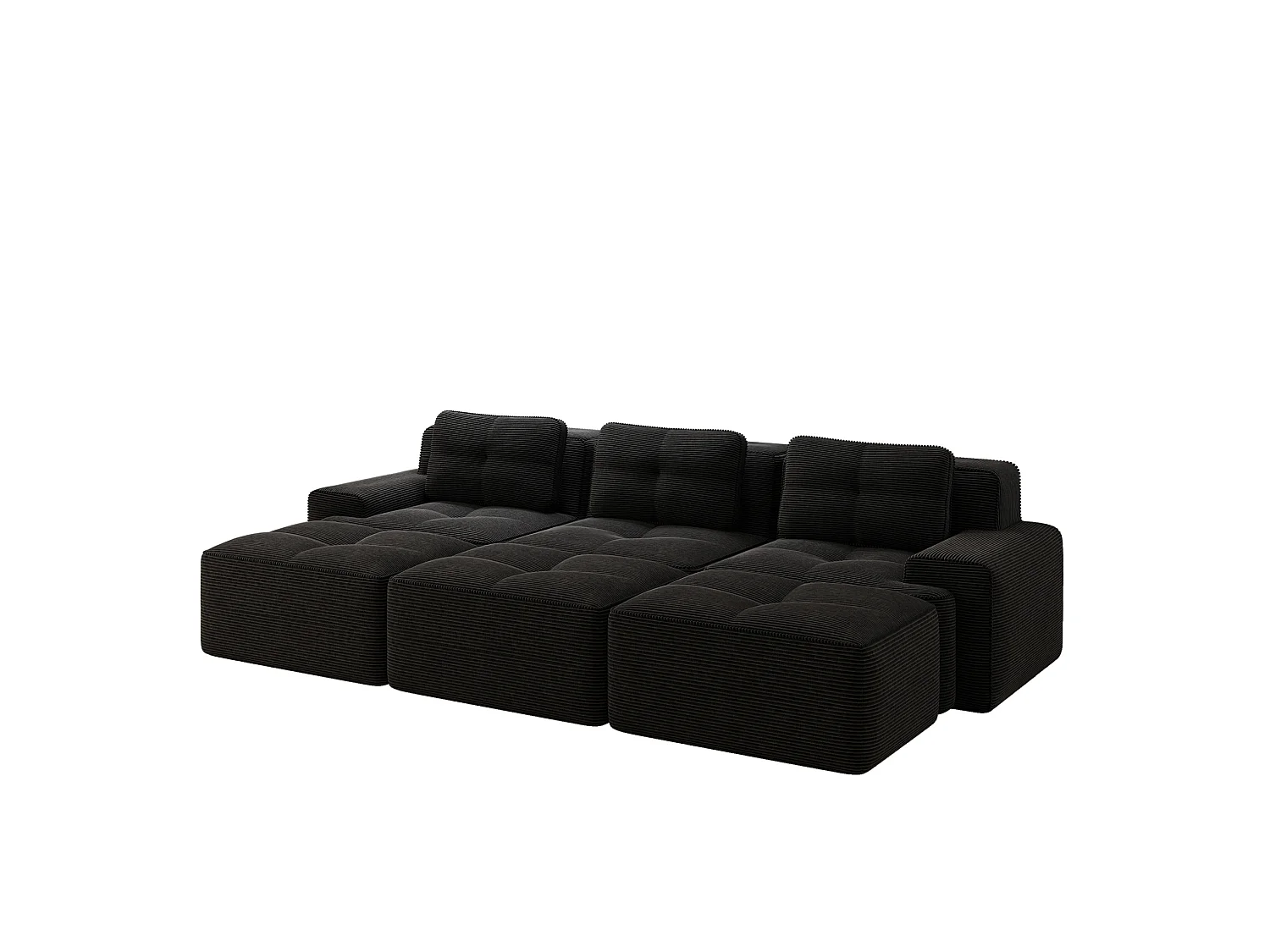 Canapé modulable 3 places avec 3 poufs et 3 coussins - Velours côtelé - Noir