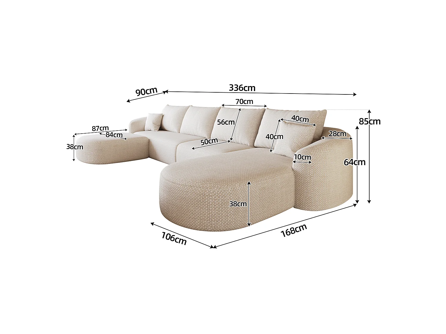 Modulaire L-vormige hoekbank, 4-zits, chenille bekleding met poef - Wit