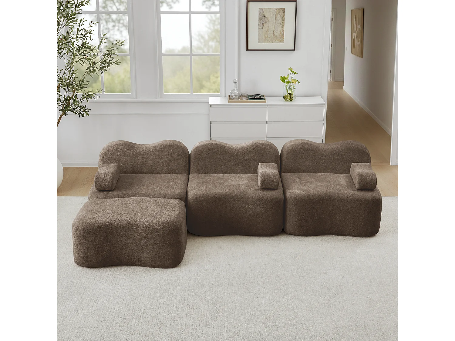 Sofá modular de 3 plazas de terciopelo con reposabrazos y otomana extraíbles - Marrón