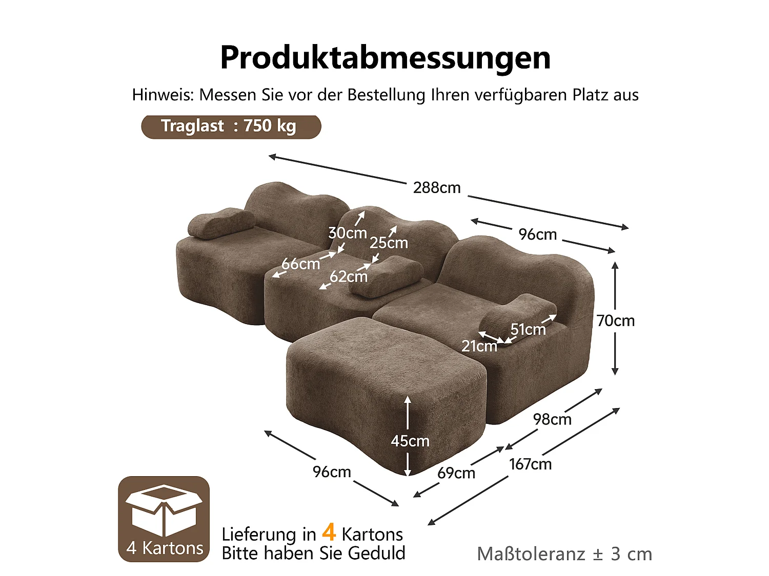 Sofá modular de 3 plazas de terciopelo con reposabrazos y otomana extraíbles - Marrón