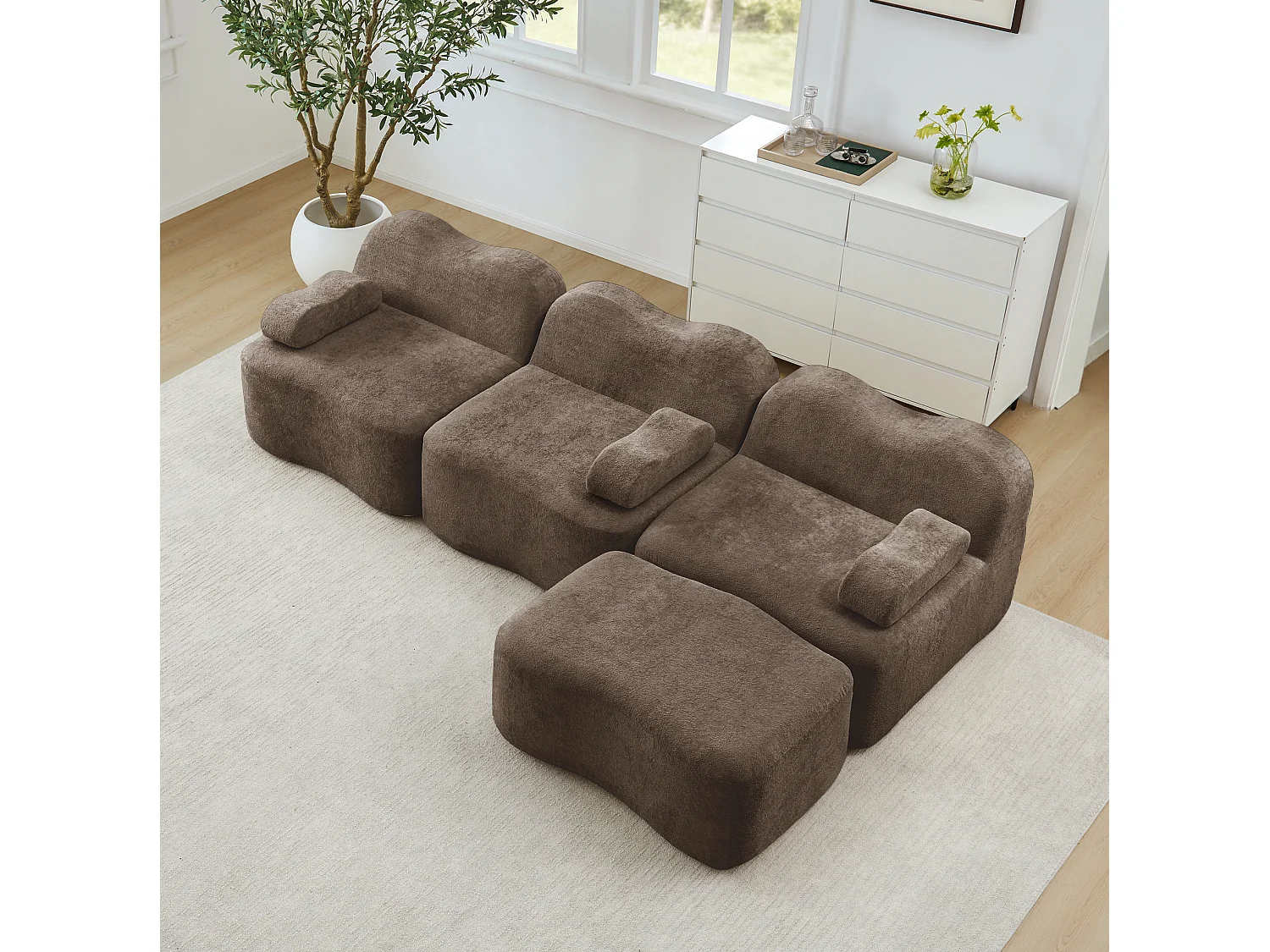 Sofá modular de 3 plazas de terciopelo con reposabrazos y otomana extraíbles - Marrón