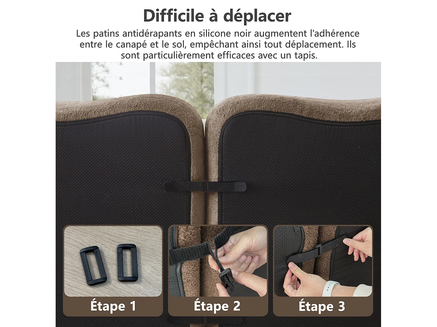 Sofá modular de 3 plazas de terciopelo con reposabrazos y otomana extraíbles - Marrón