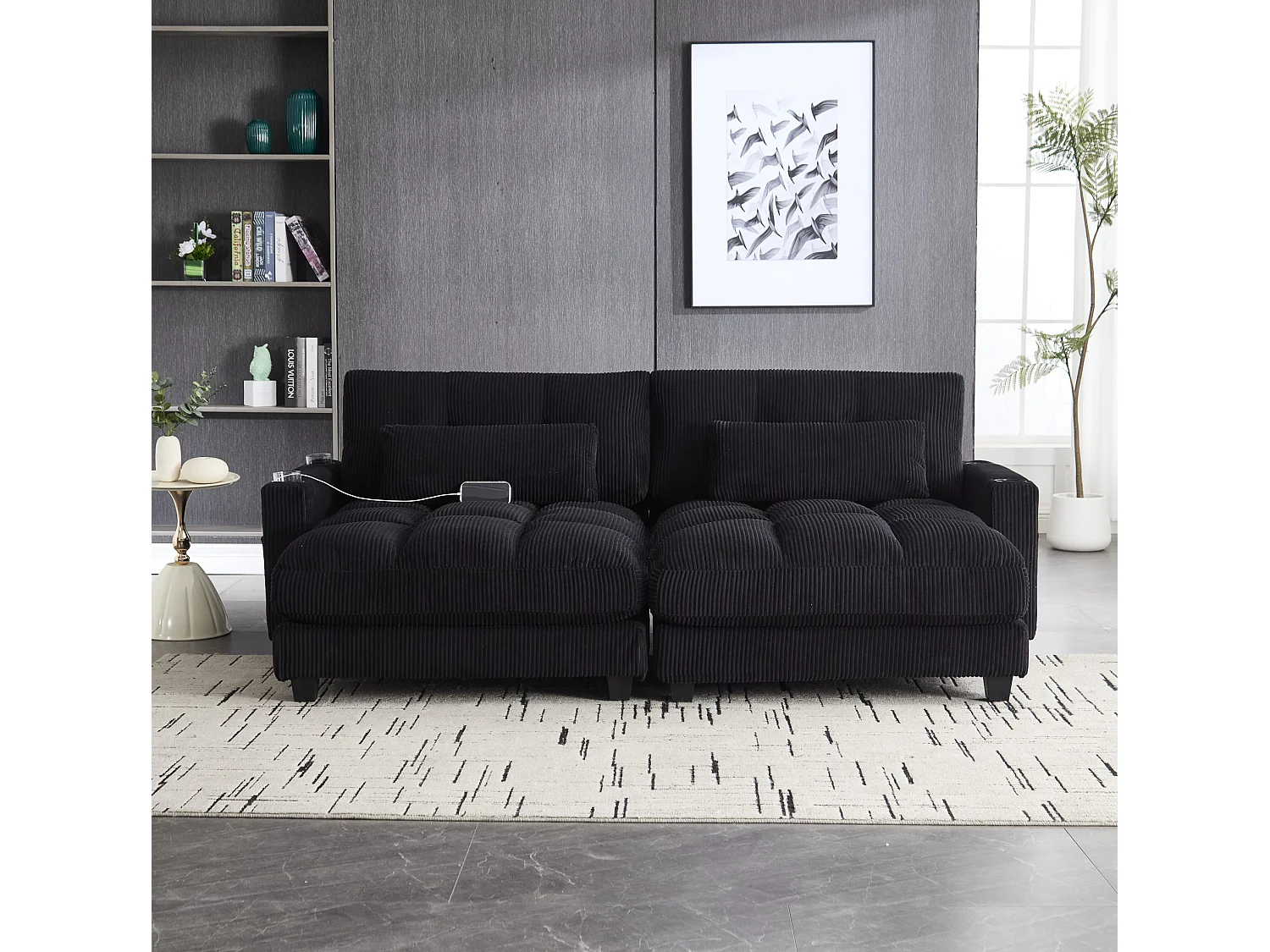 Canapé modulable 2 places en velours côtelé avec 2 coussins et ports USB - Noir
