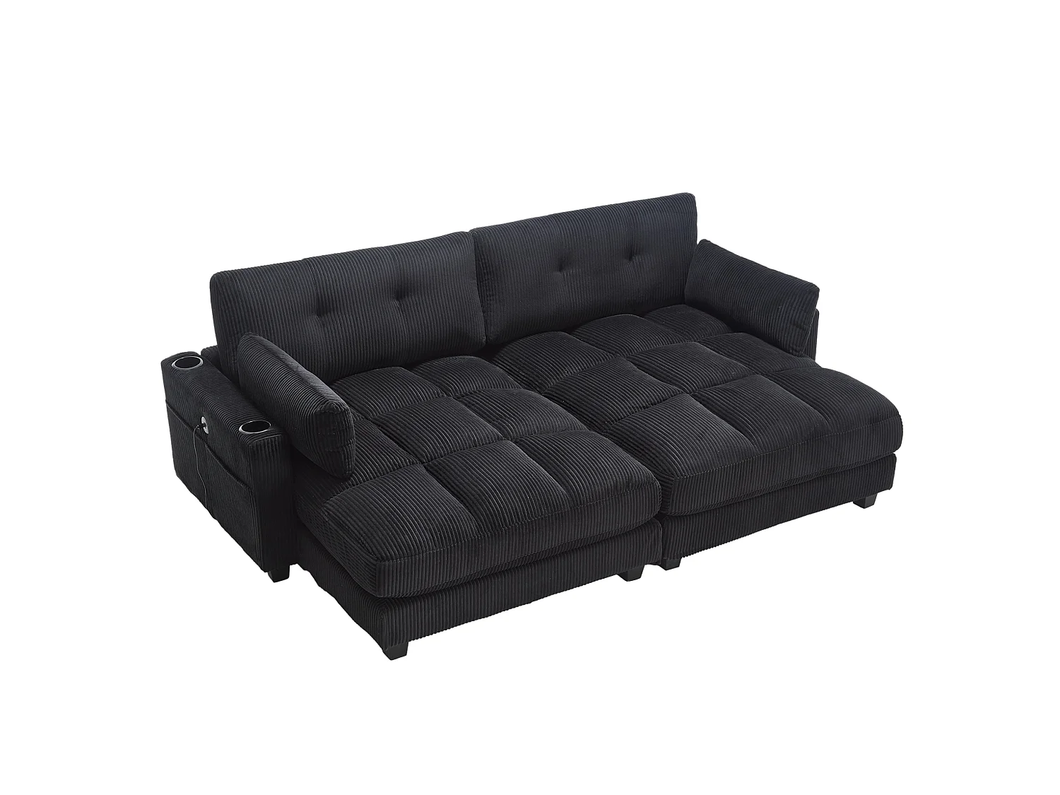 Canapé modulable 2 places en velours côtelé avec 2 coussins et ports USB - Noir