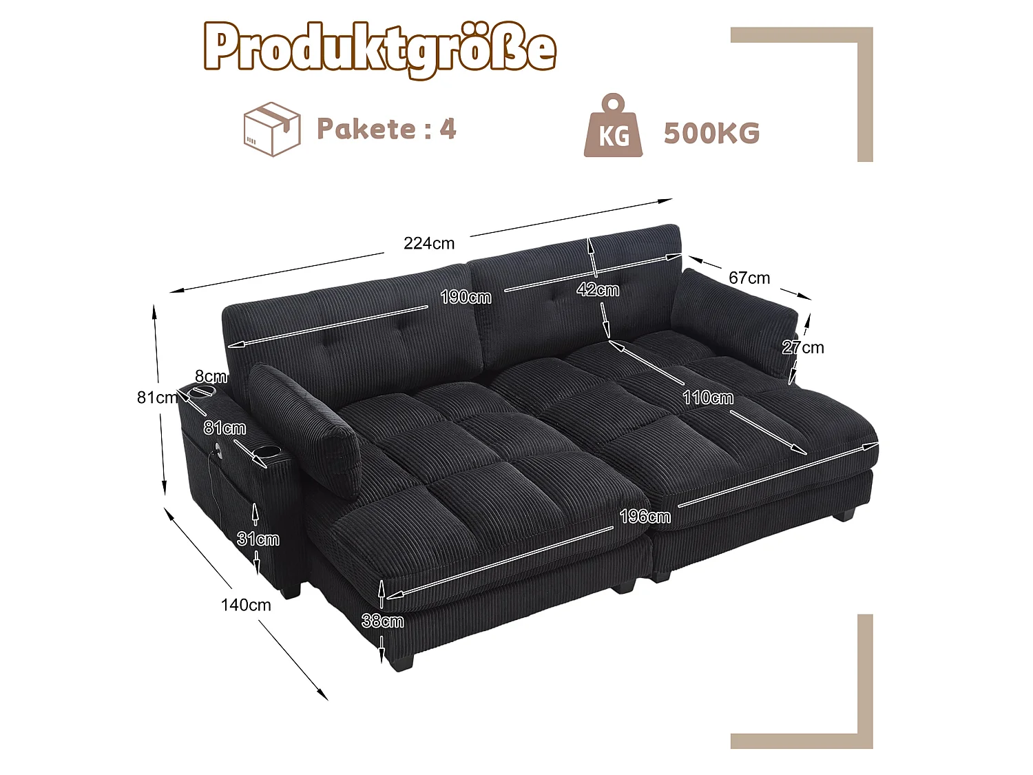 Canapé modulable 2 places en velours côtelé avec 2 coussins et ports USB - Noir