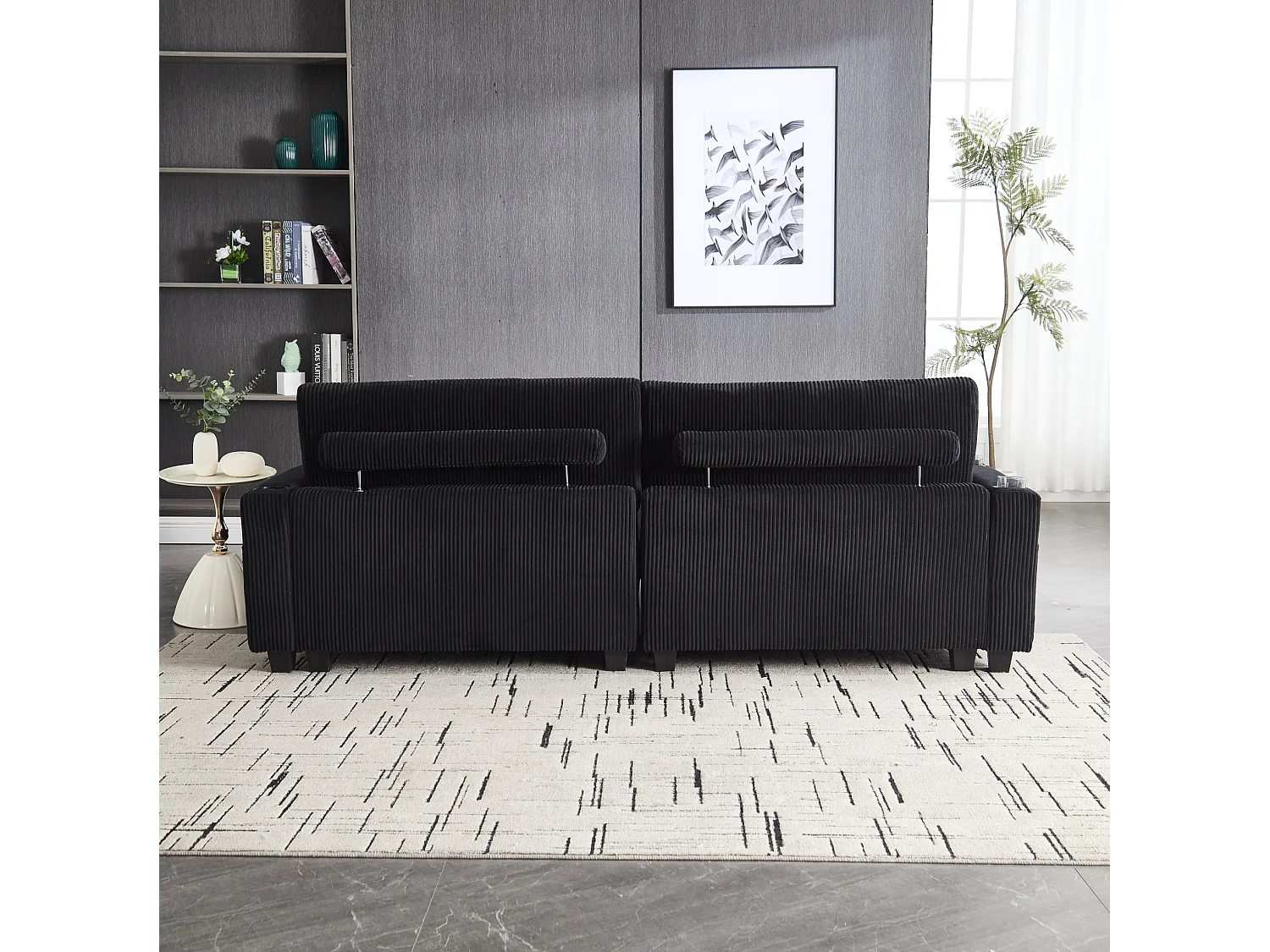Canapé modulable 2 places en velours côtelé avec 2 coussins et ports USB - Noir