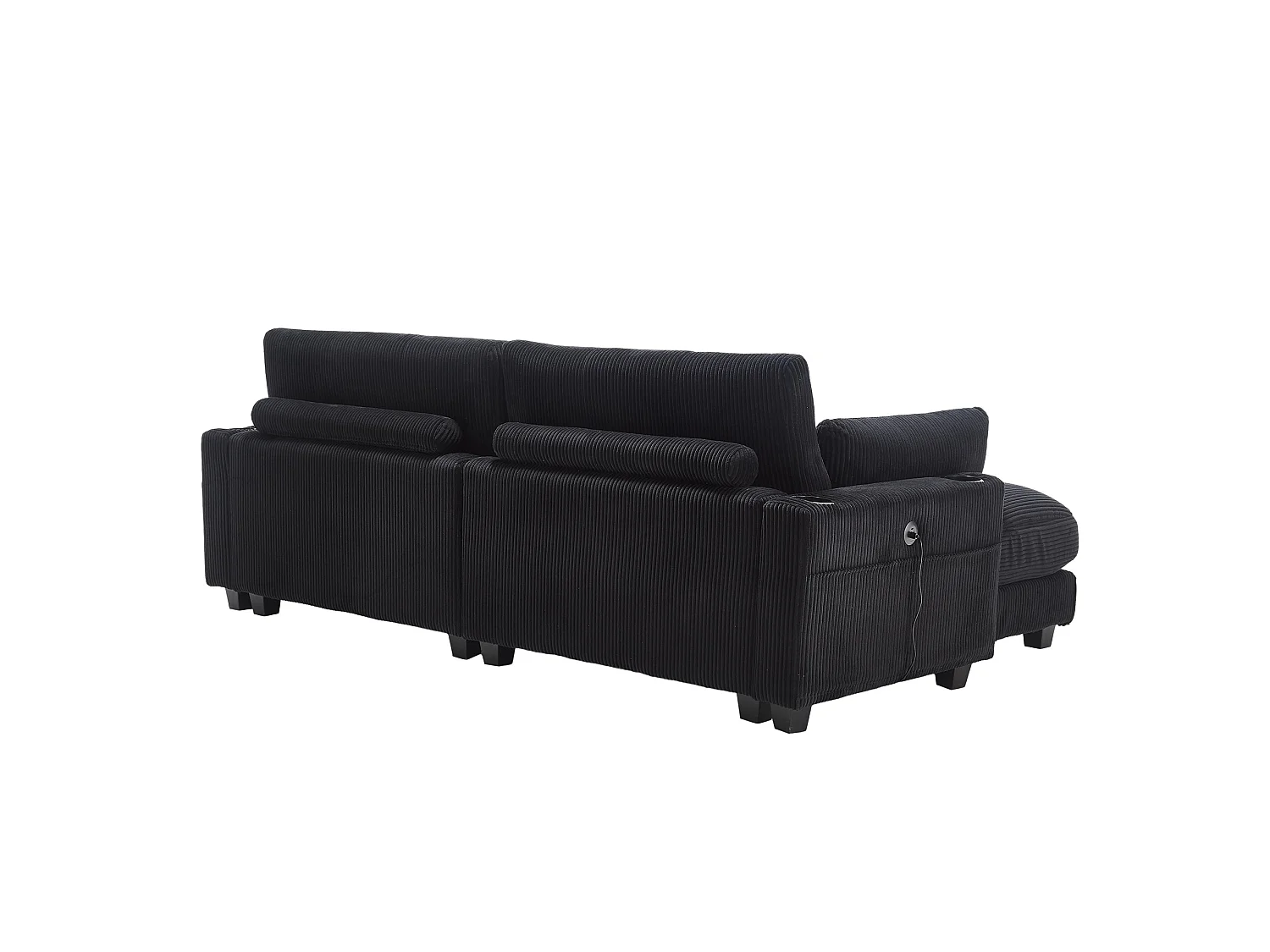 Canapé modulable 2 places en velours côtelé avec 2 coussins et ports USB - Noir