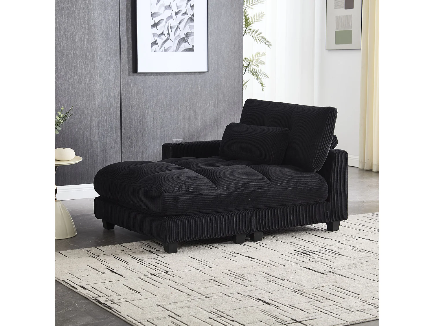Canapé modulable 2 places en velours côtelé avec 2 coussins et ports USB - Noir