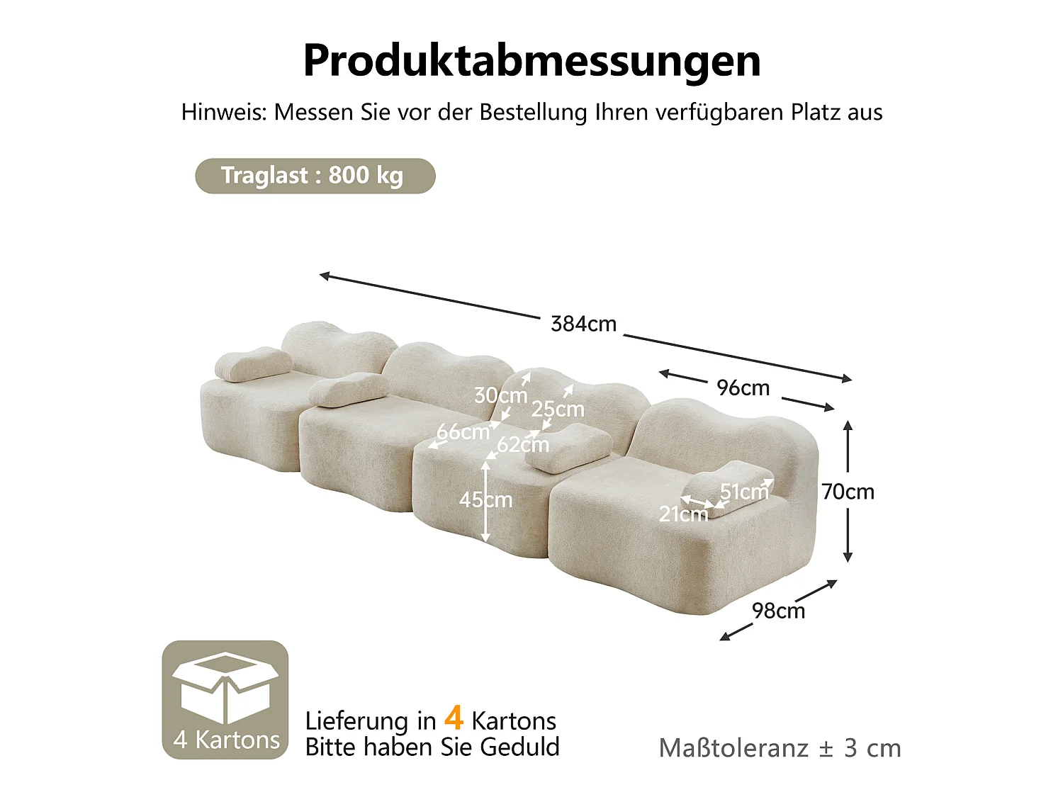 Canapé modulable 4 places 384 cm en velours - Beige