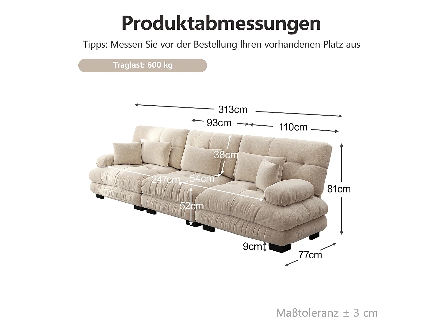Canapé modulable 3 places en chenille avec assise profonde - Marron clair