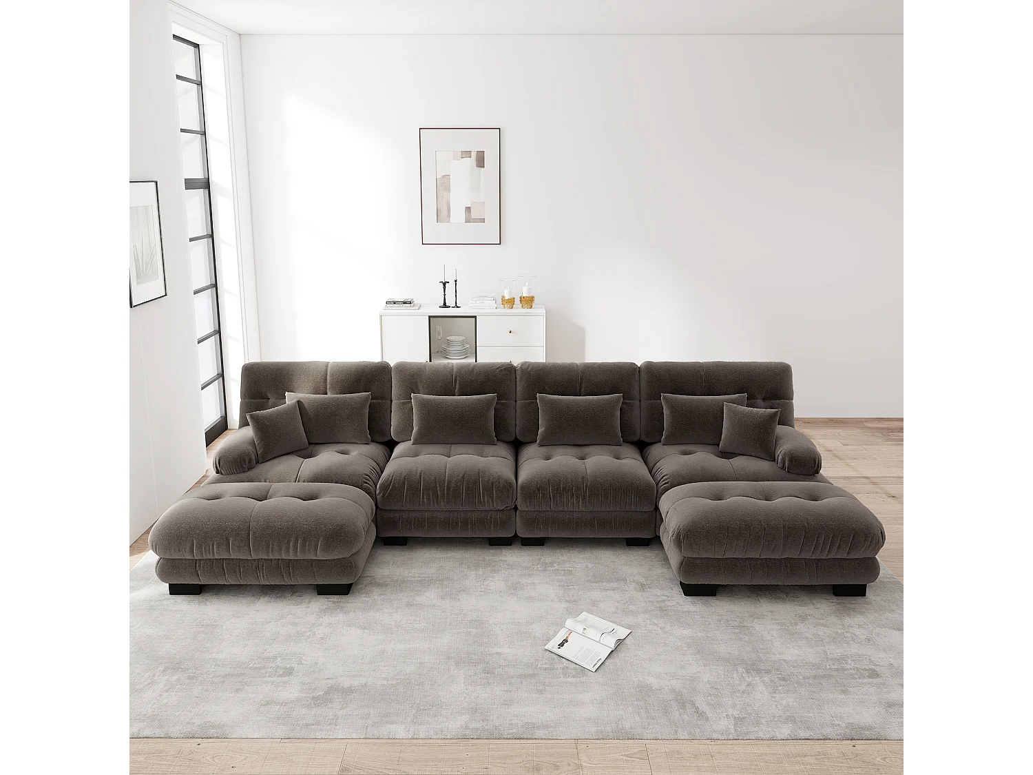 Divano angolare modulare a U a 4 posti, 406 cm, in ciniglia con 2 pouf - Marrone