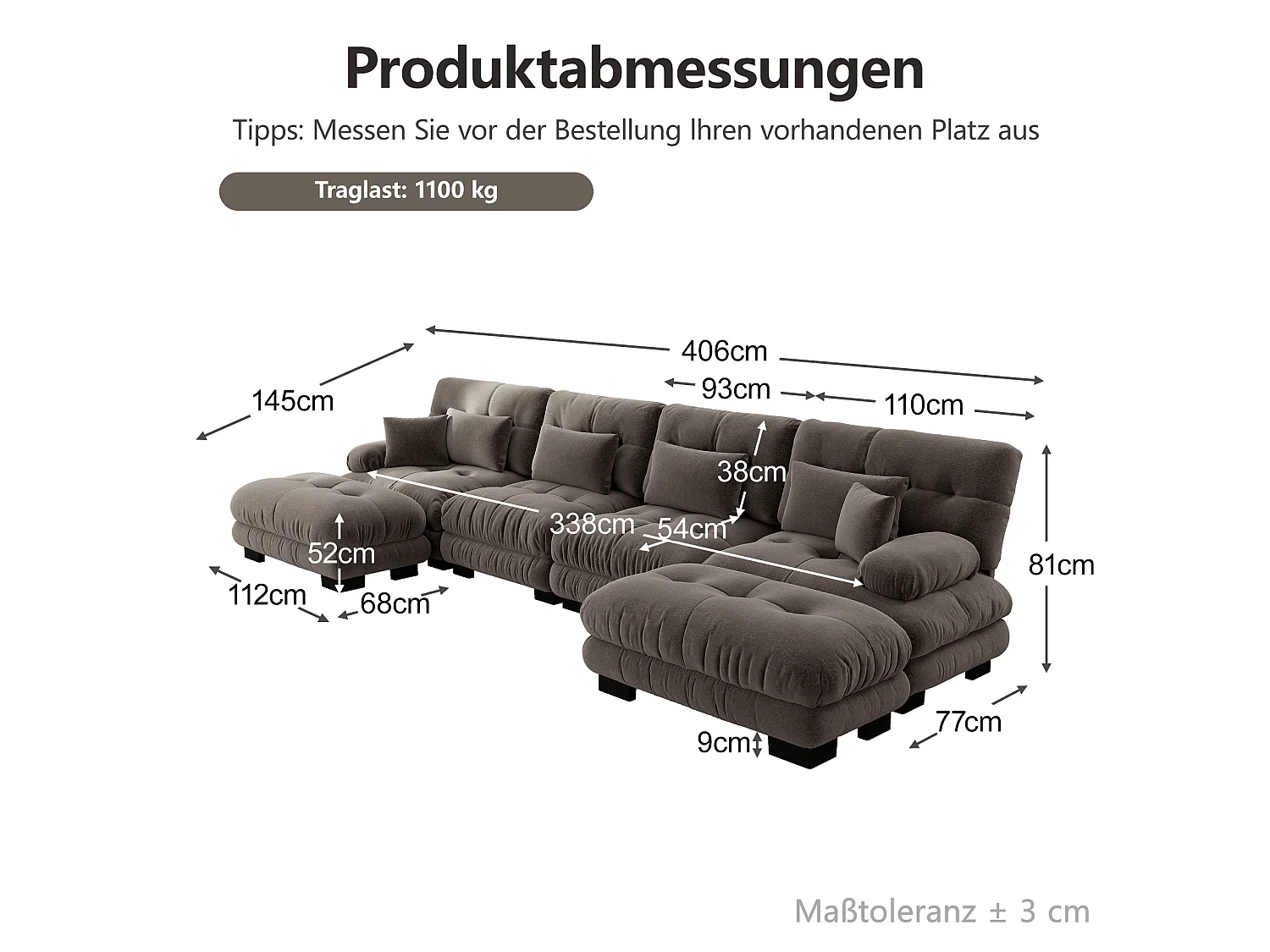 Divano angolare modulare a U a 4 posti, 406 cm, in ciniglia con 2 pouf - Marrone