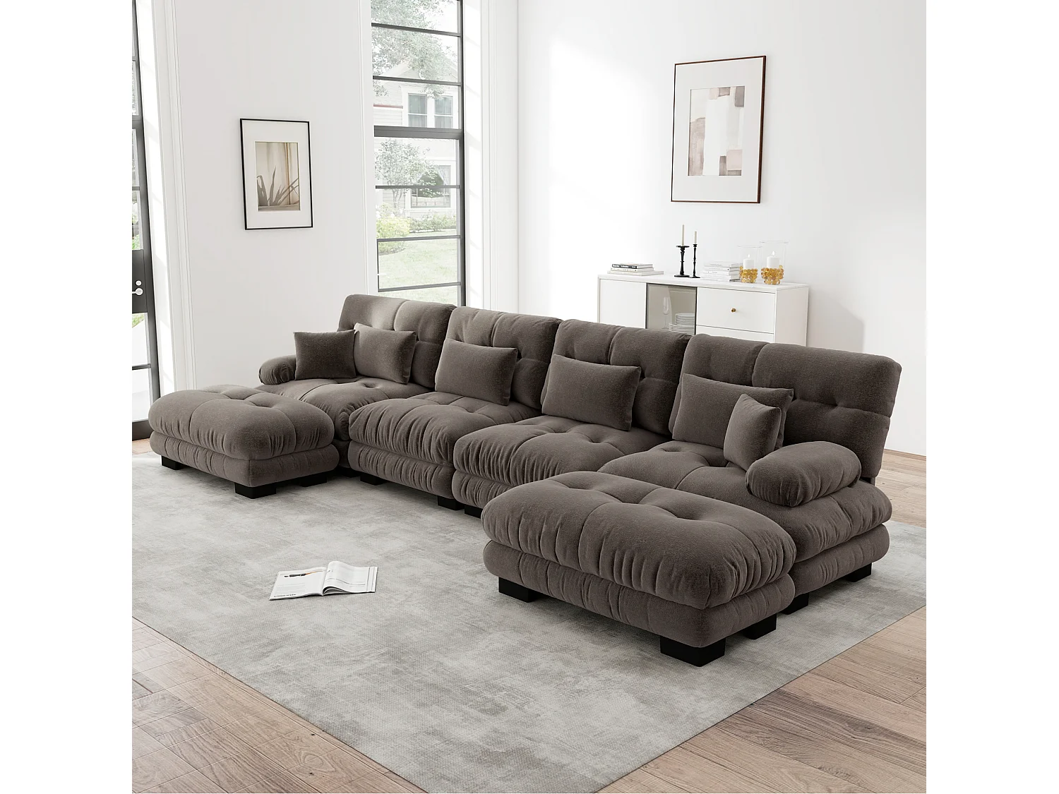 Divano angolare modulare a U a 4 posti, 406 cm, in ciniglia con 2 pouf - Marrone