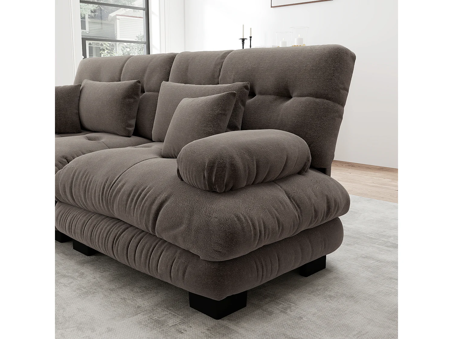 Divano angolare modulare a U a 4 posti, 406 cm, in ciniglia con 2 pouf - Marrone