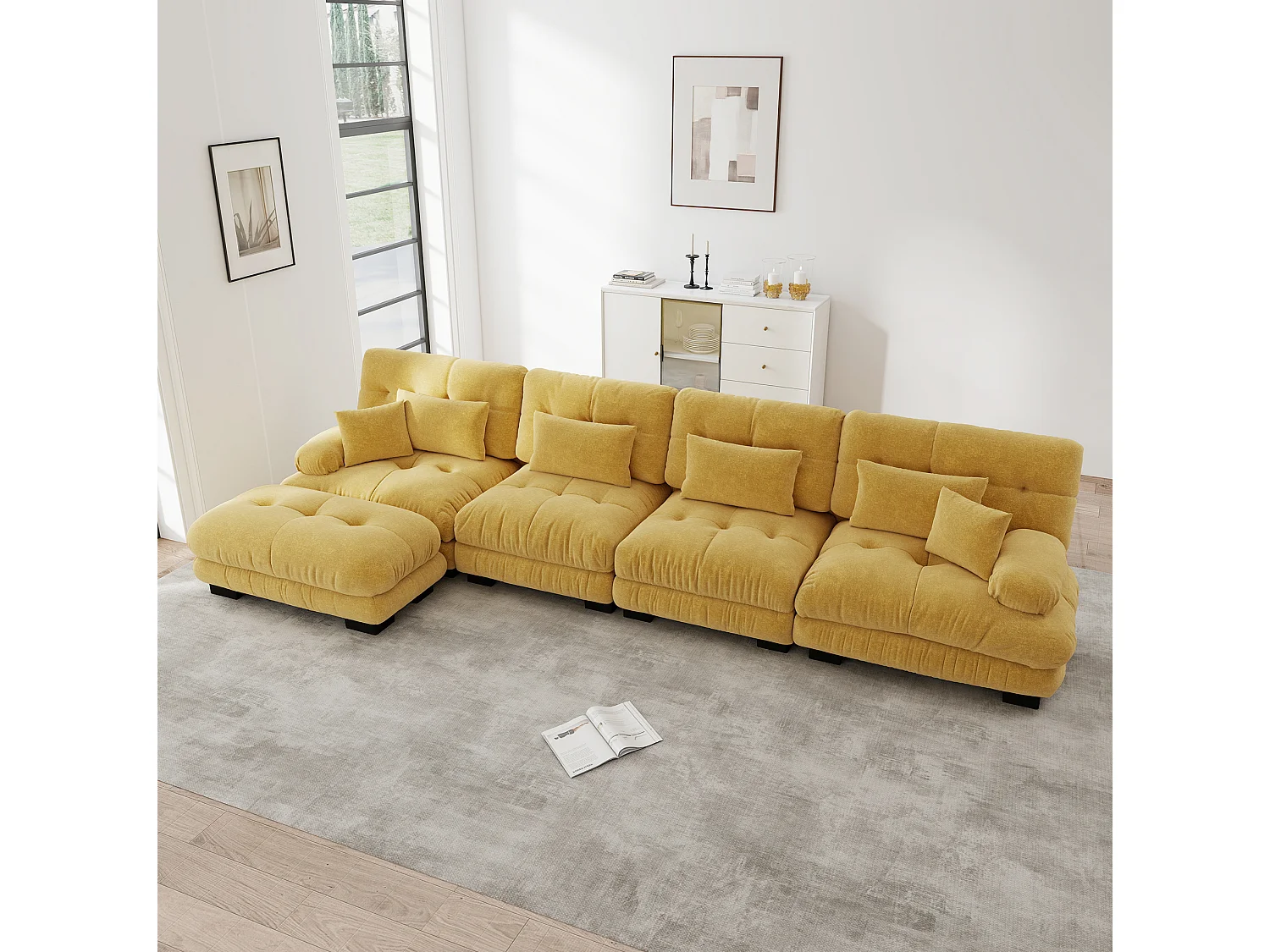 Divano componibile a 4 posti, 406 cm, in ciniglia con pouf - Giallo