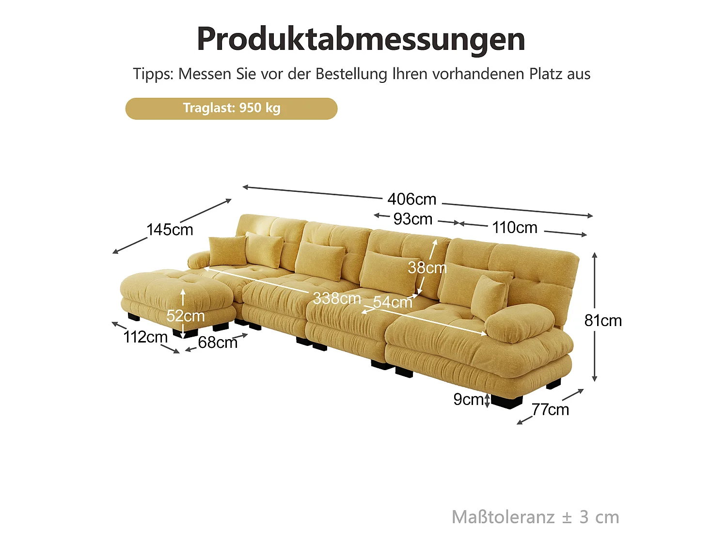 Divano componibile a 4 posti, 406 cm, in ciniglia con pouf - Giallo
