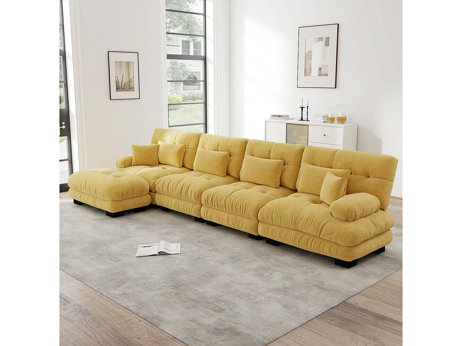 Divano componibile a 4 posti, 406 cm, in ciniglia con pouf - Giallo