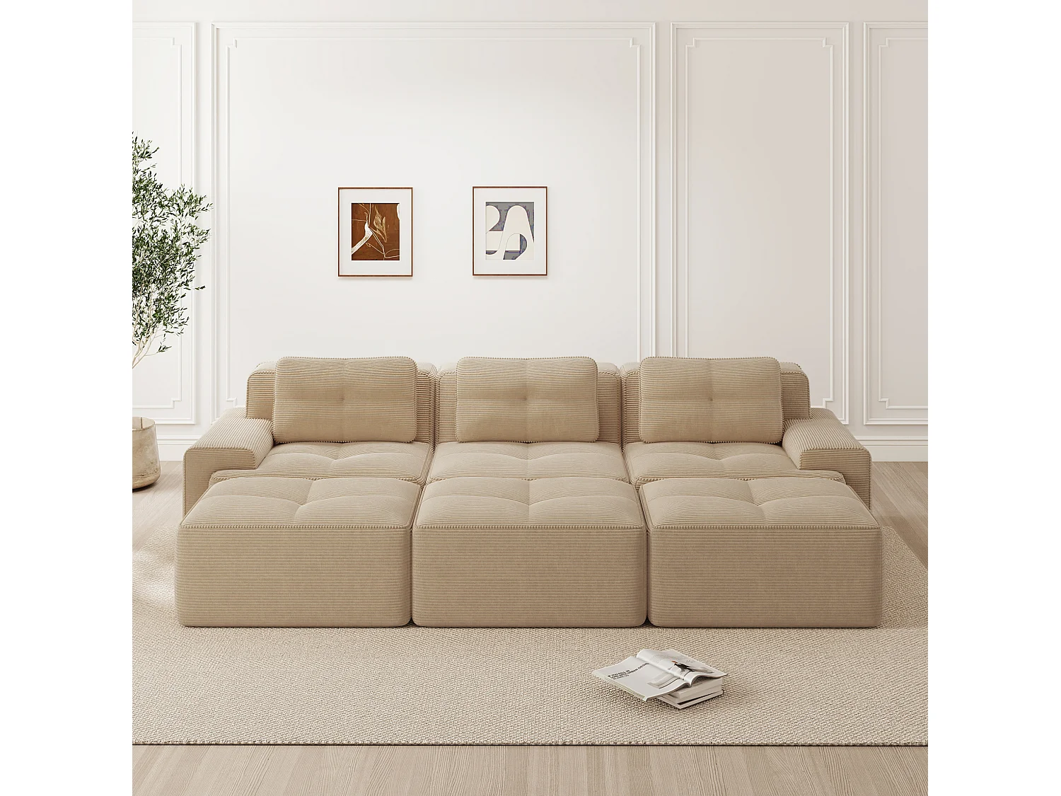Canapé modulable 3 places avec 3 poufs et 3 coussins - Velours côtelé - Beige