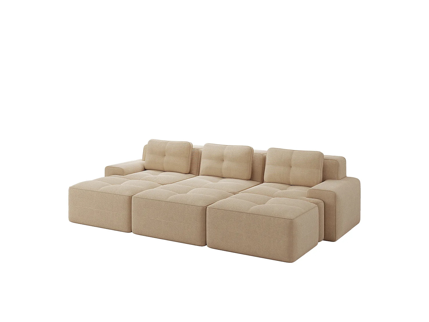 Canapé modulable 3 places avec 3 poufs et 3 coussins - Velours côtelé - Beige