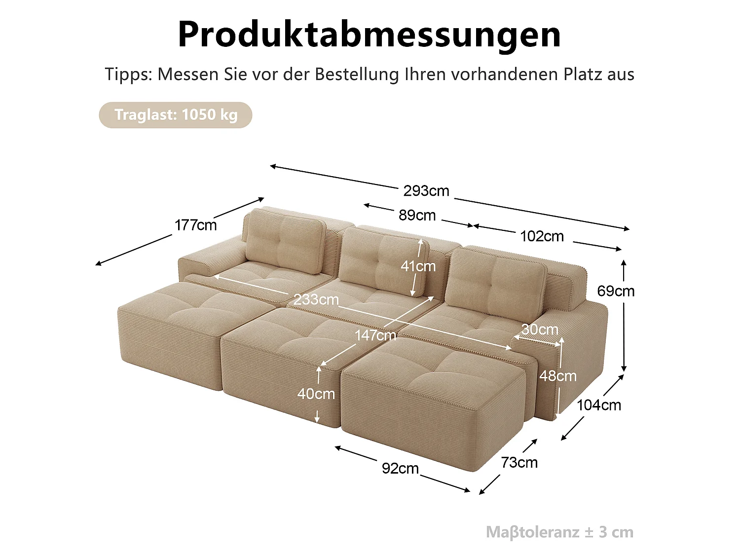 Canapé modulable 3 places avec 3 poufs et 3 coussins - Velours côtelé - Beige