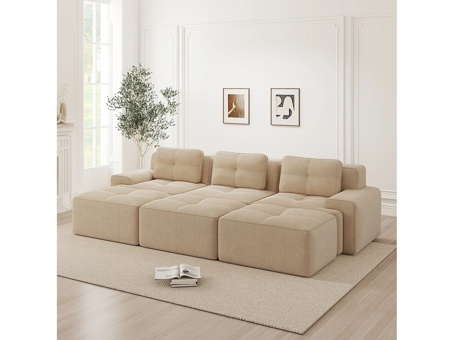 Canapé modulable 3 places avec 3 poufs et 3 coussins - Velours côtelé - Beige