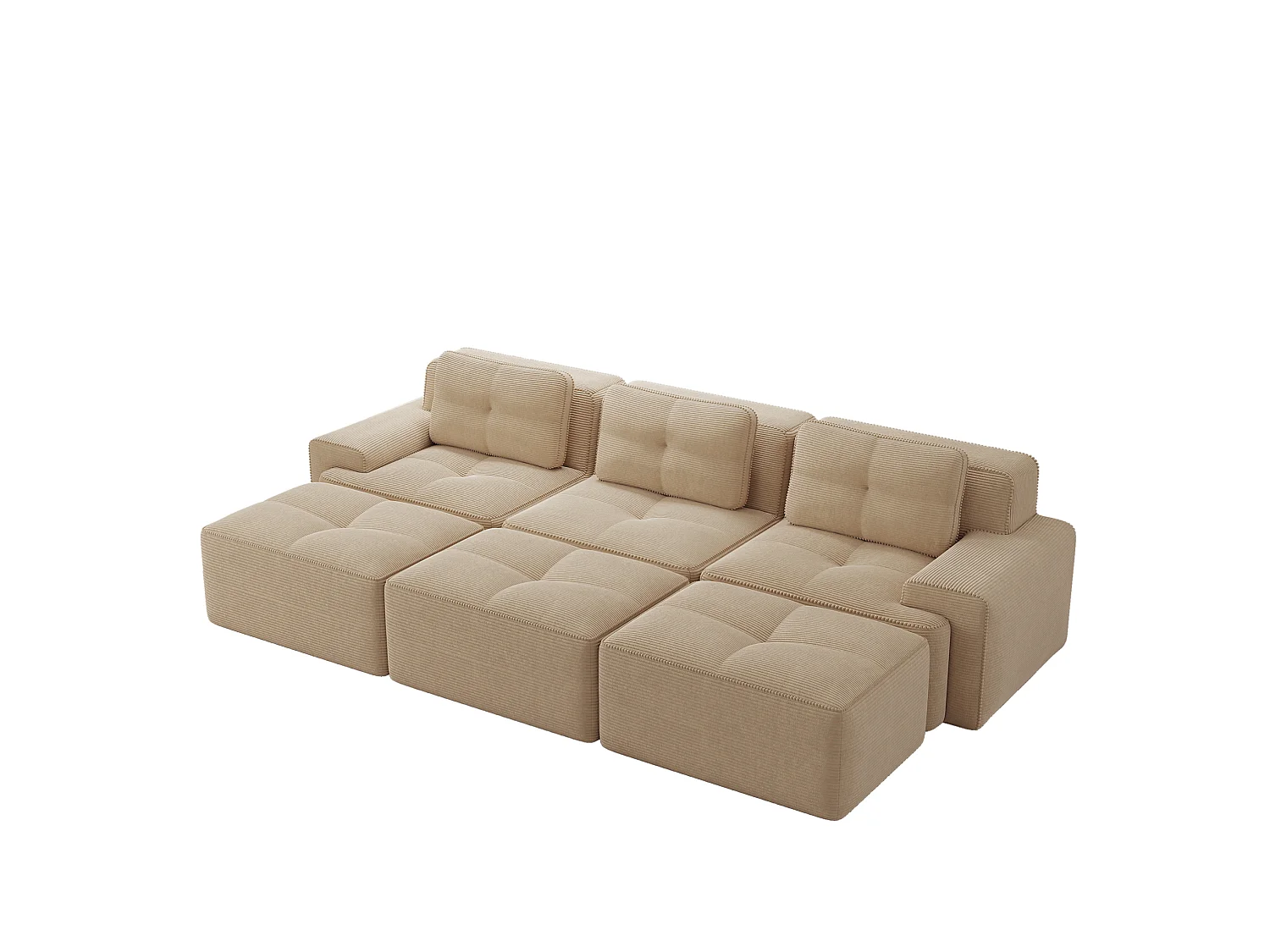 Canapé modulable 3 places avec 3 poufs et 3 coussins - Velours côtelé - Beige