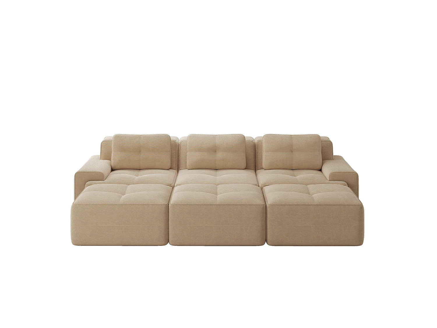 Canapé modulable 3 places avec 3 poufs et 3 coussins - Velours côtelé - Beige