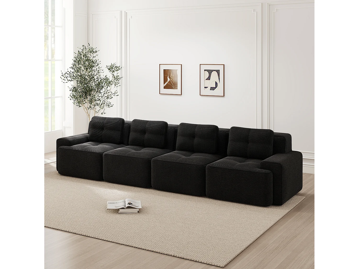Canapé modulable 4 places 382 cm en velours côtelé - Noir - Sans montage