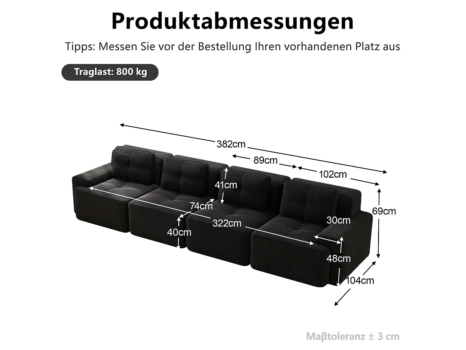 Canapé modulable 4 places 382 cm en velours côtelé - Noir - Sans montage
